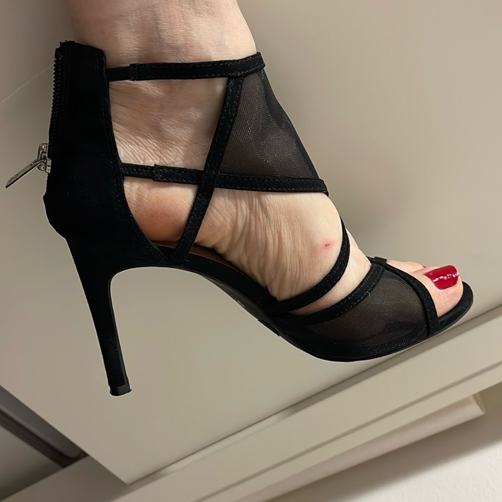 Parker & Sky Women's Black net Sandals Stiletto Pumps Heels Open Toe, Sz 6.5